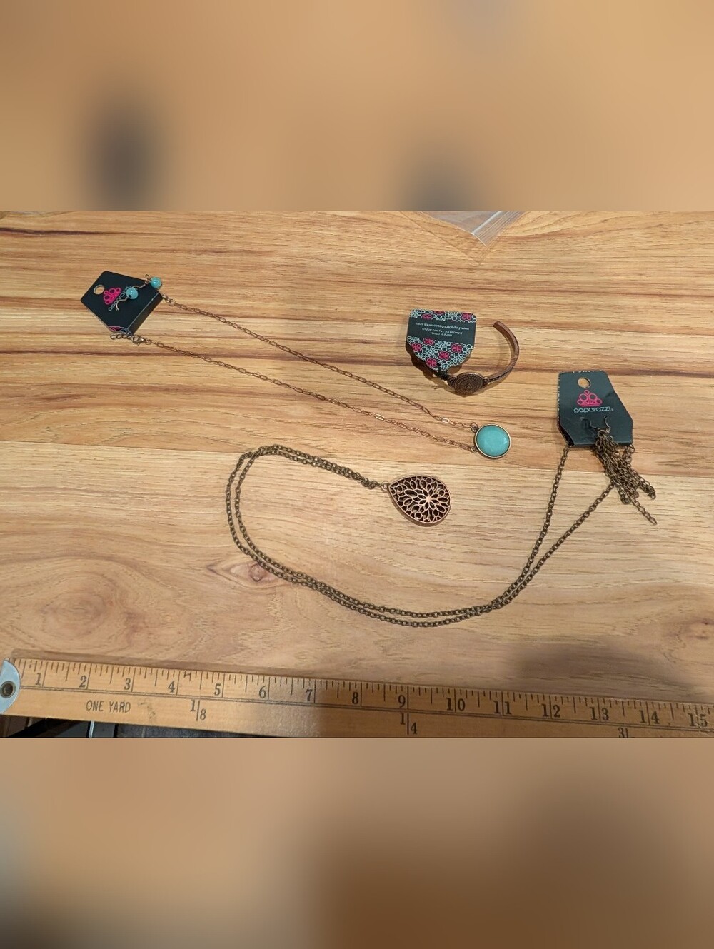 Turquoise Disc and Copper Toned  Filigree Layered Necklace And Bracelet